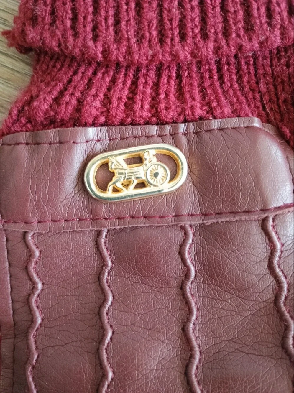Coach Burgundy Leather & Knit Gloves with Gold Accent